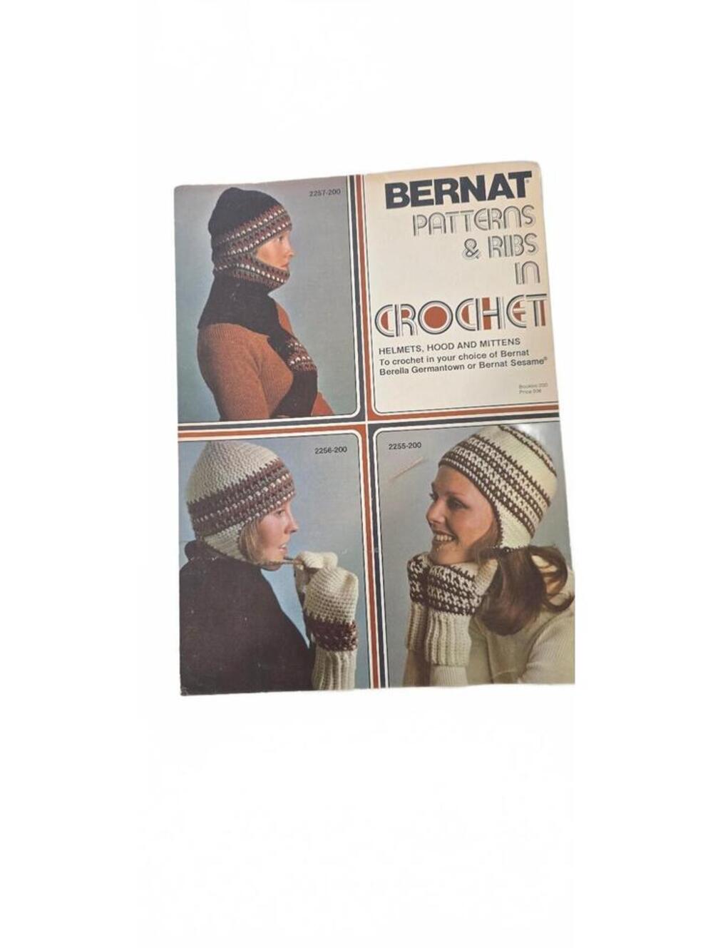 Vintage Bernat Crochet Patterns & Ribs Booklet for Helmets, Hood, and Mittens